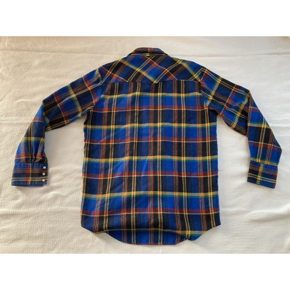 Vintage William's Bay Men's Flannel Shirt Blue Yellow, Red, Pearl Snap Large - Picture 8 of 15